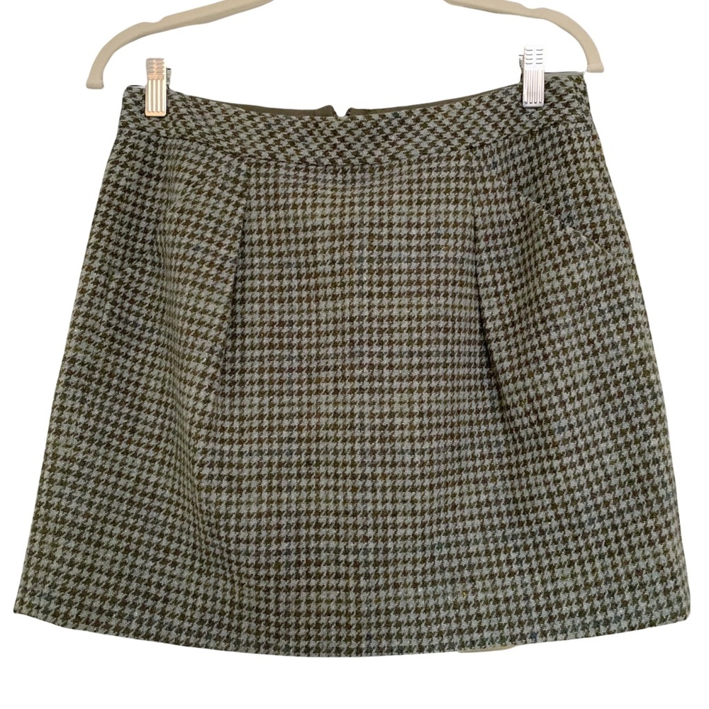 J Crew 100% Wool Green/Grey Houndstooth Mini Skirt | Womens Size 10 | EUC